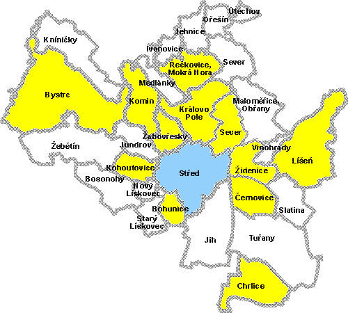 mapa Brna s vyznačenými jednotlivými městskými částmi