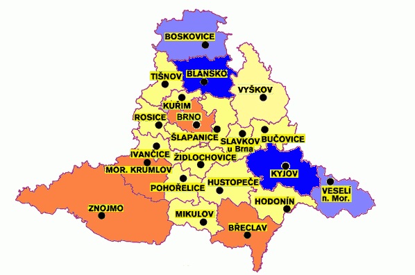 mapa Jihomoravského kraje s vyznačenými regiony